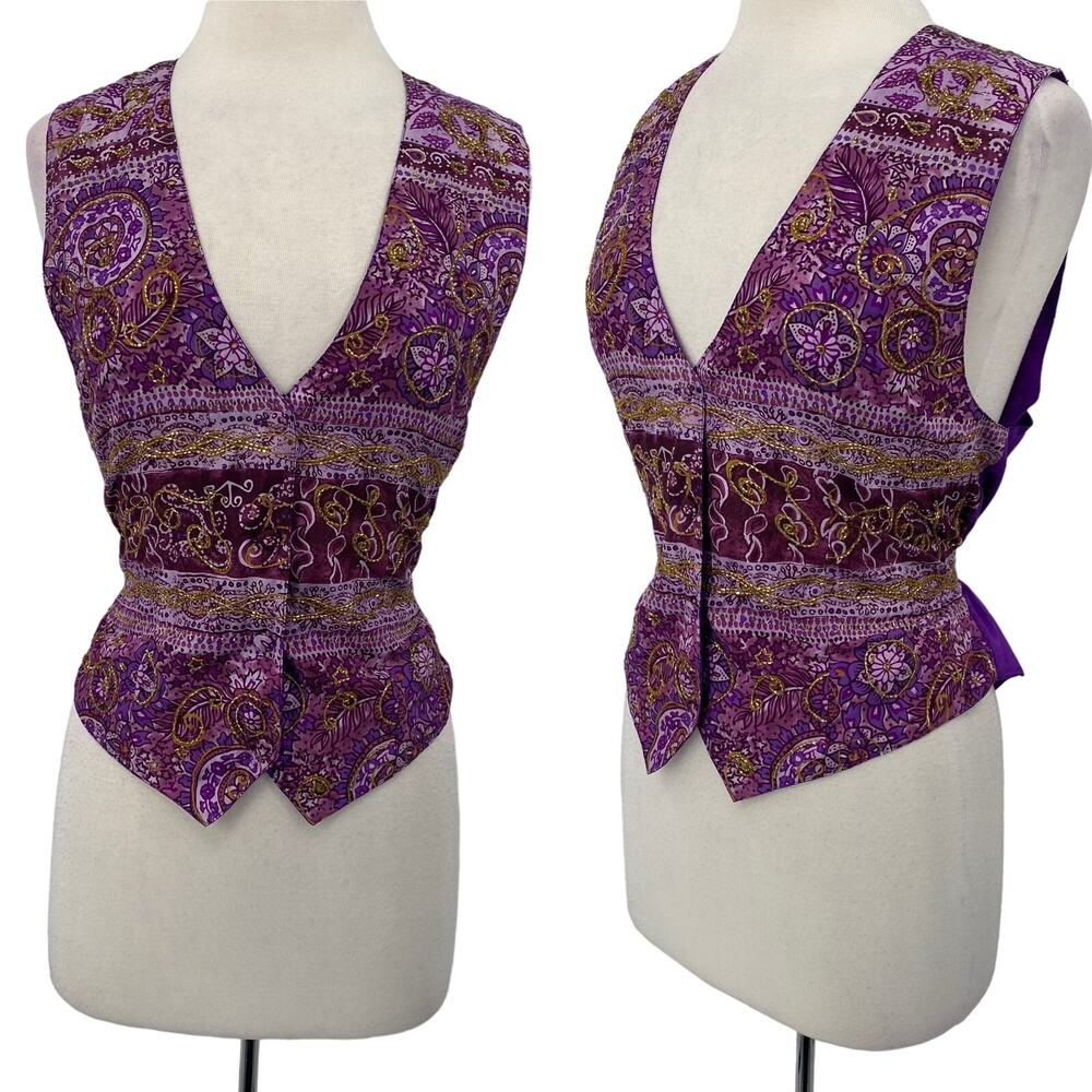 Vintage Beaded Silk Vest Button Down Paisley Print Front Purple Gold size Medium